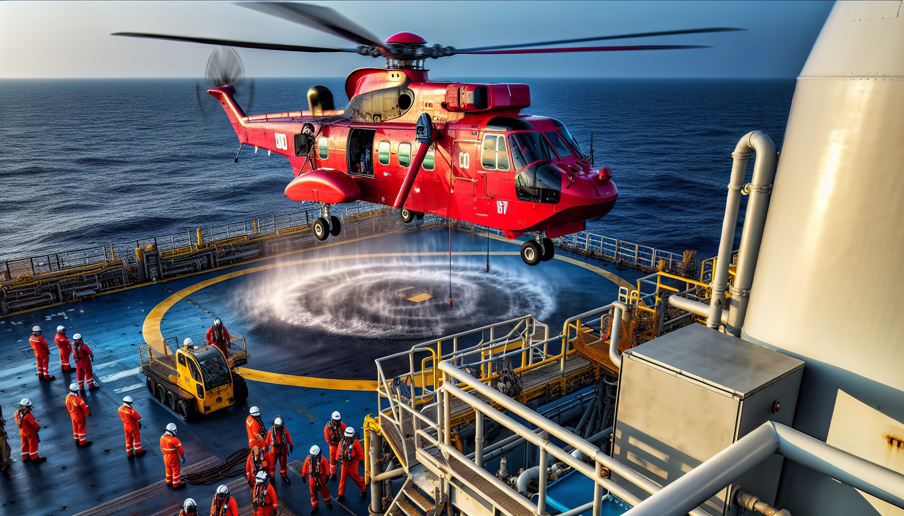 A helicopter landing on an offshore oil rig