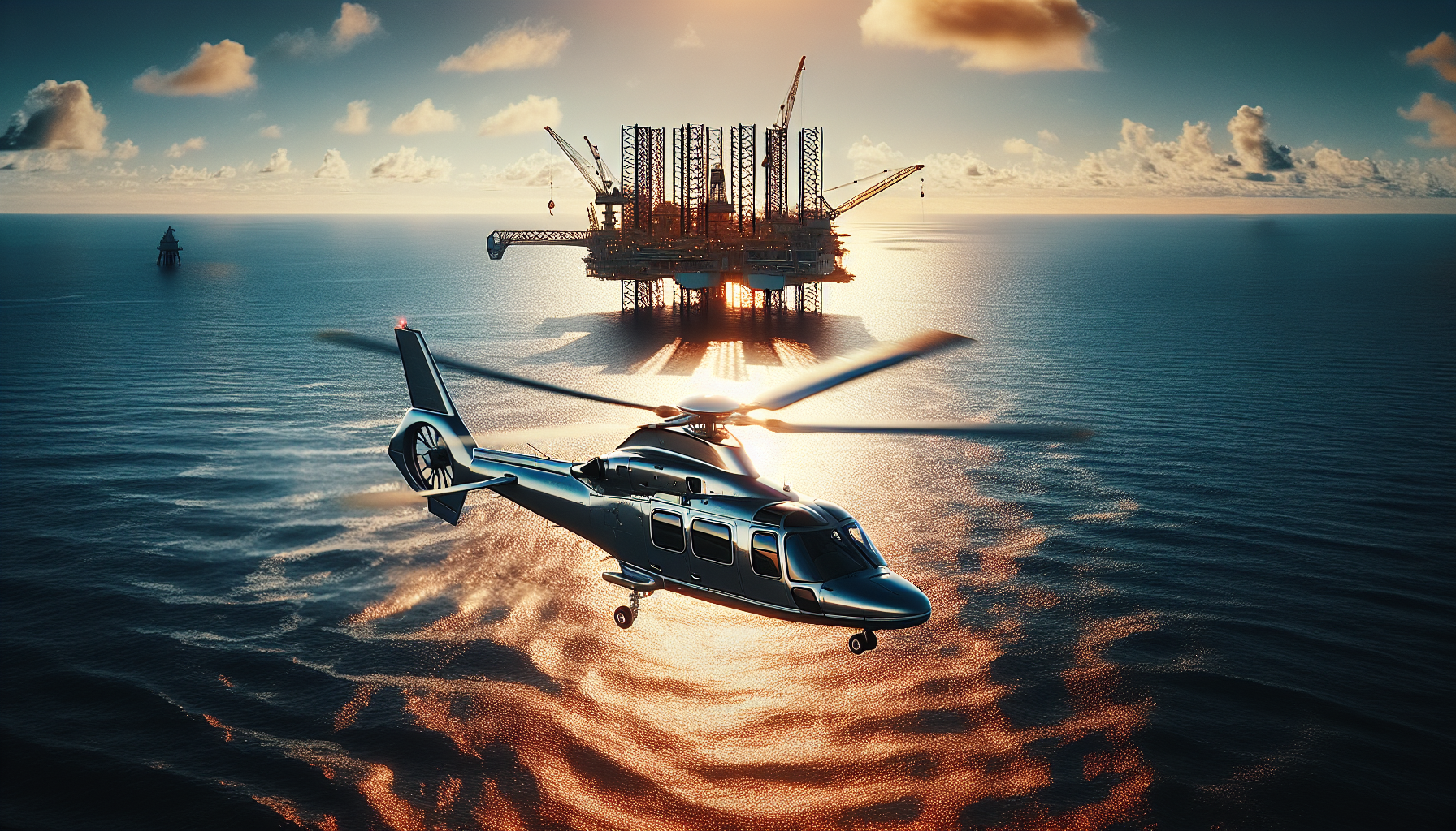 Helicopter transporting personnel to an offshore oil rig